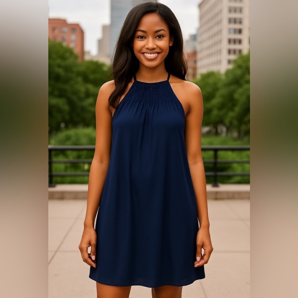 Everly Navy Blue Halter Dress Size‎ Medium – Sleeveless High Neck Smocked Detail - Picture 1 of 5